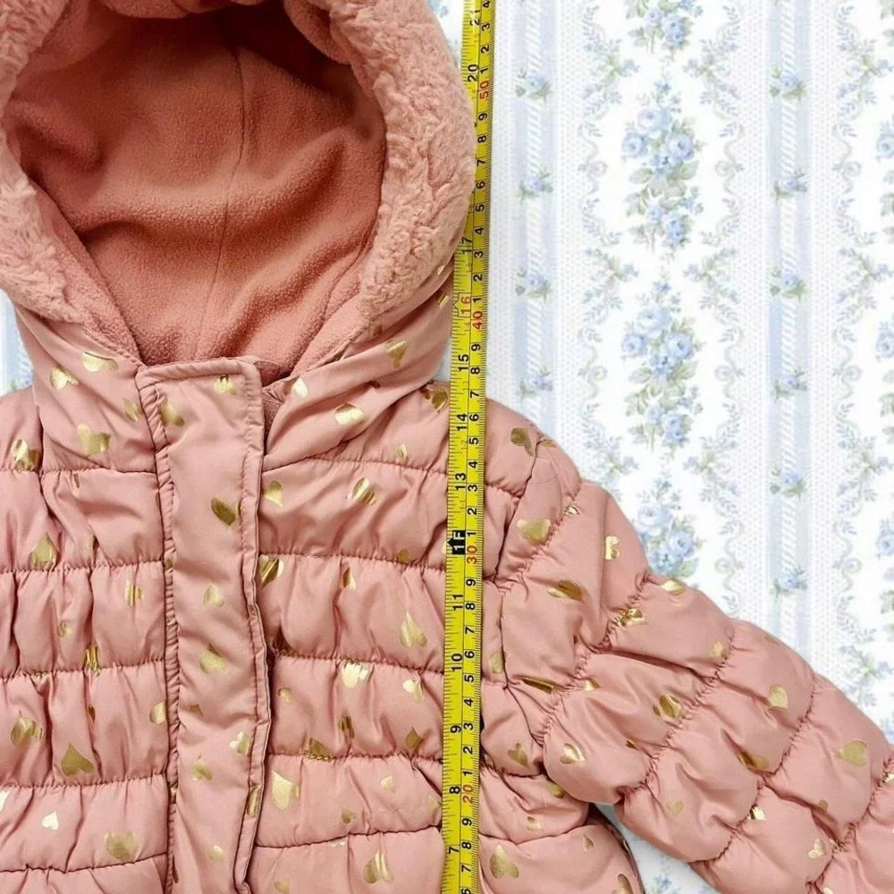 Wippette Kids Pink Puffer Coat Shiny Gold Hearts Faux Fur Lined Hood Toddlers - Picture 4 of 5